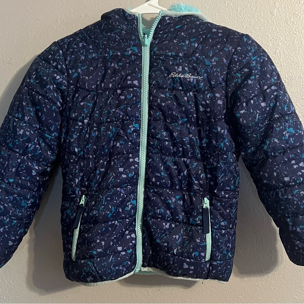 Eddie Bauer Kids Patterned Navy and Teal Puffer Reversible Jacket